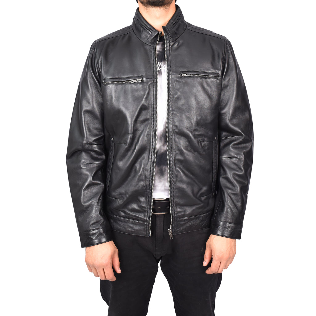 Men's Classic Biker Real Leather Jacket Black Erland-1