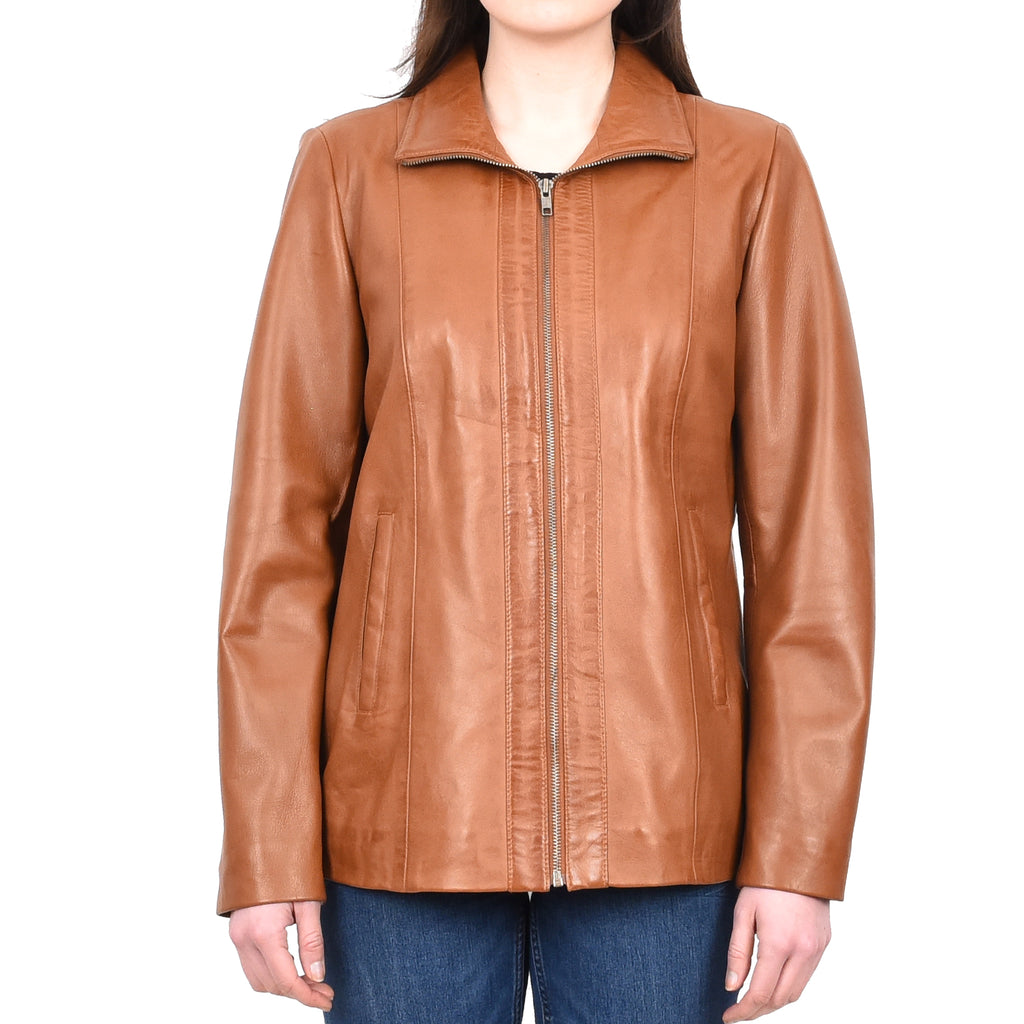 DR202 Women's Casual Semi Fitted Leather Jacket Tan 1