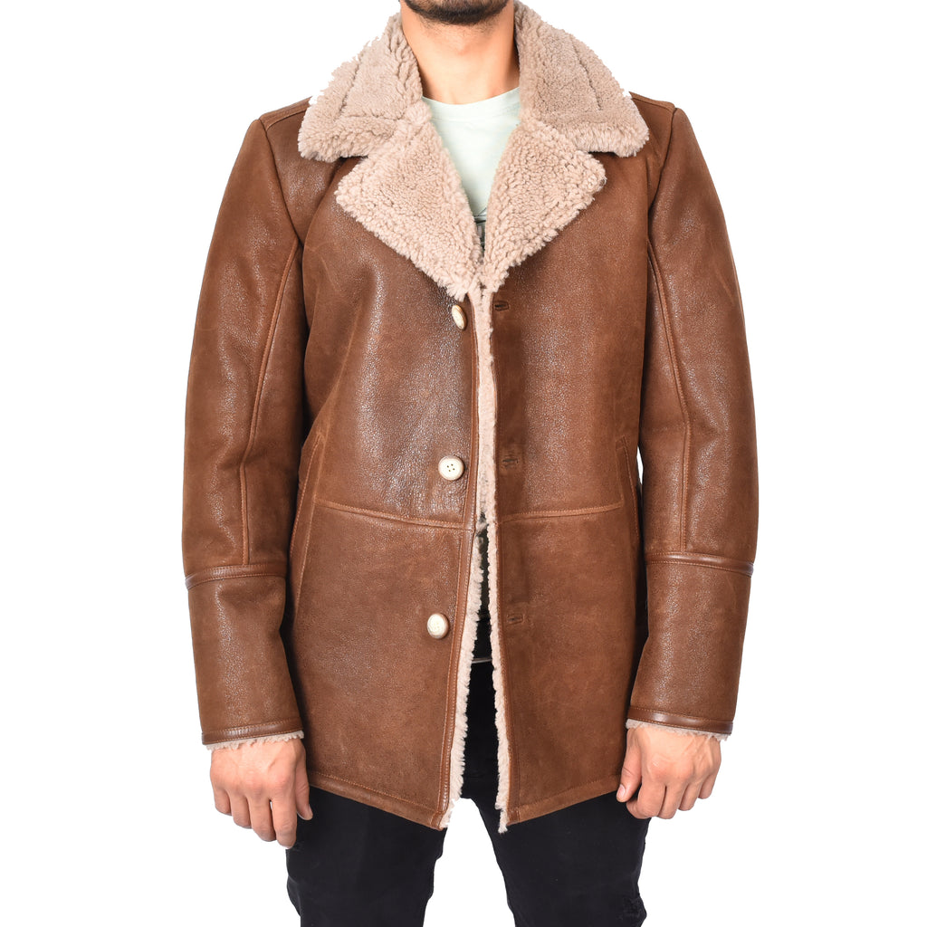 Mens Retro Genuine Sheepskin Leather Crombie Coat Mikael Brown-1