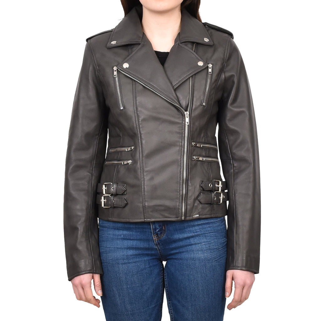 DR195 Women’s Trendy Biker Leather Jacket Grey 1