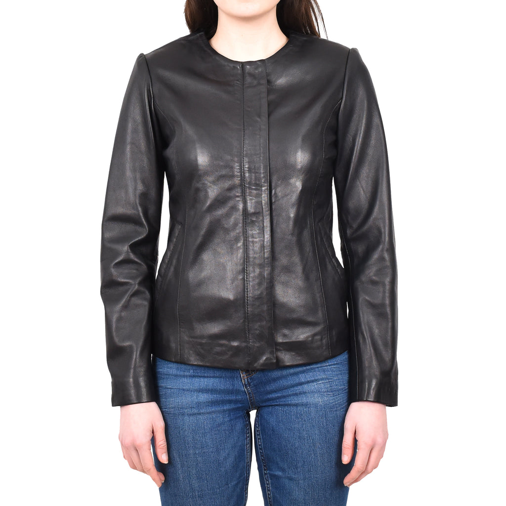 DR244 Women's Real Leather Collarless Jacket Black 1