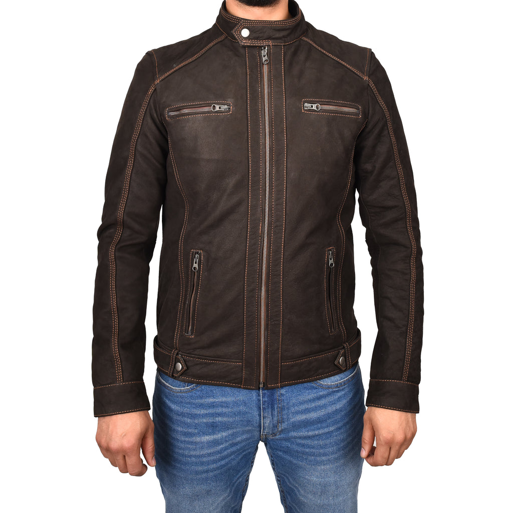 DR193 Men’s Real Waxed Leather Biker Jacket Brown  1