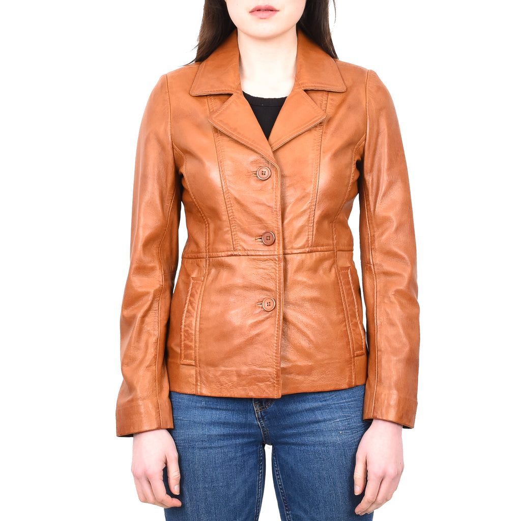 DR198 Women's Smart Work Warm Leather Jacket Tan 1