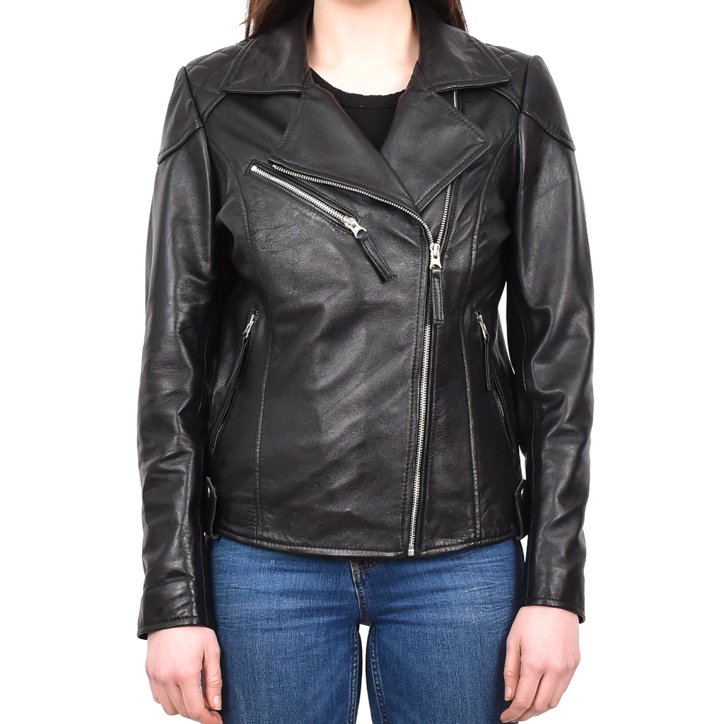 DR570 Women's Cross Zip Pocketed Real Leather Biker Jacket Black 1