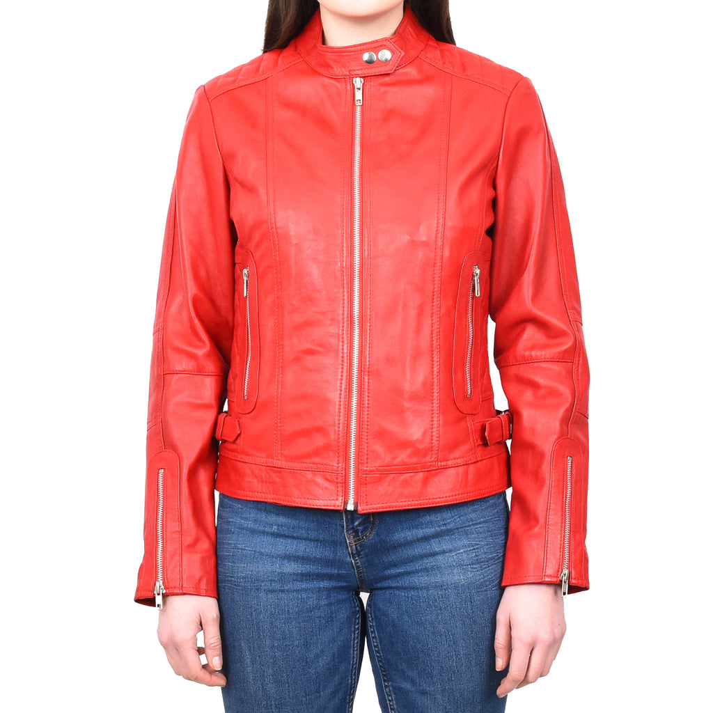 DR234 Women's Fitted Smart Leather Jacket Red 1