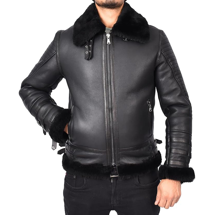 Mens Genuine Sheepskin Jacket Retro Biker Style Flying Aviator  Lothar Black-1