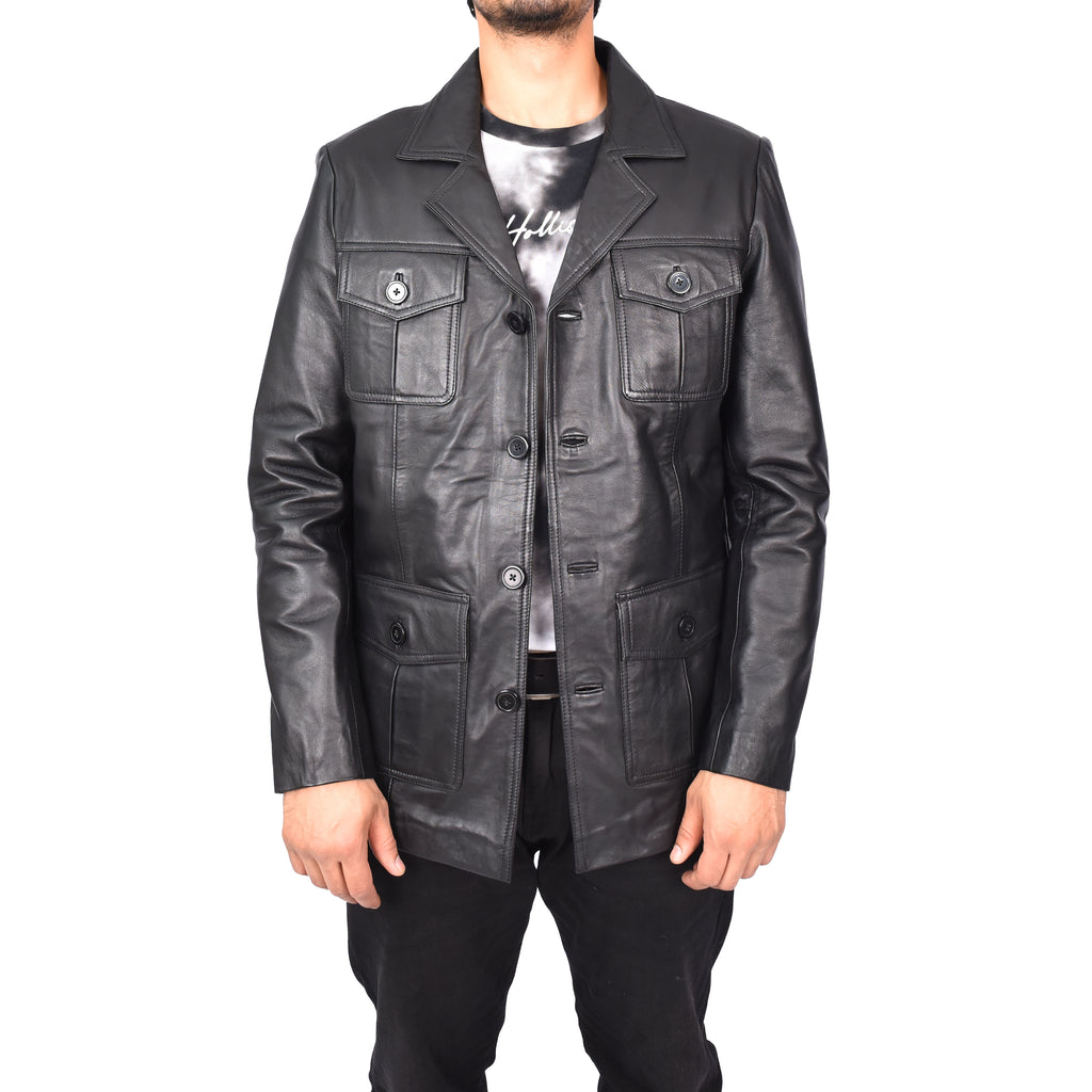 Men's Classic Safari Genuine Leather Jacket Black Kaspar-1