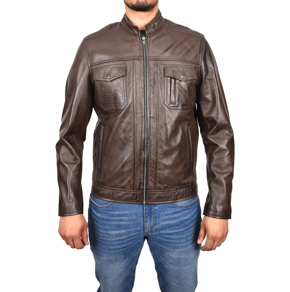 DR149 Men's Vintage Style Leather Biker Jacket Brown 1