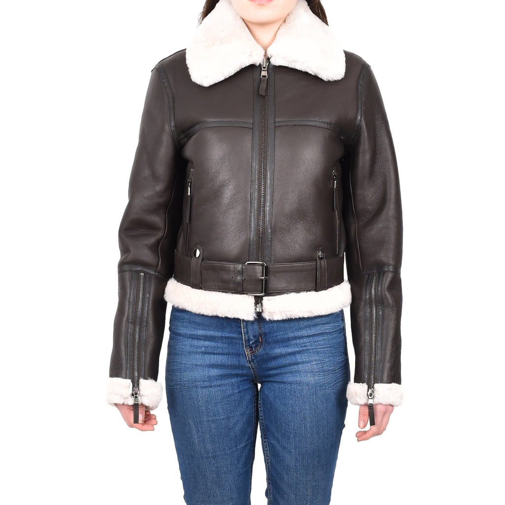 DR228 Women's Retro Sheepskin Leather Jacket Short Brown 1