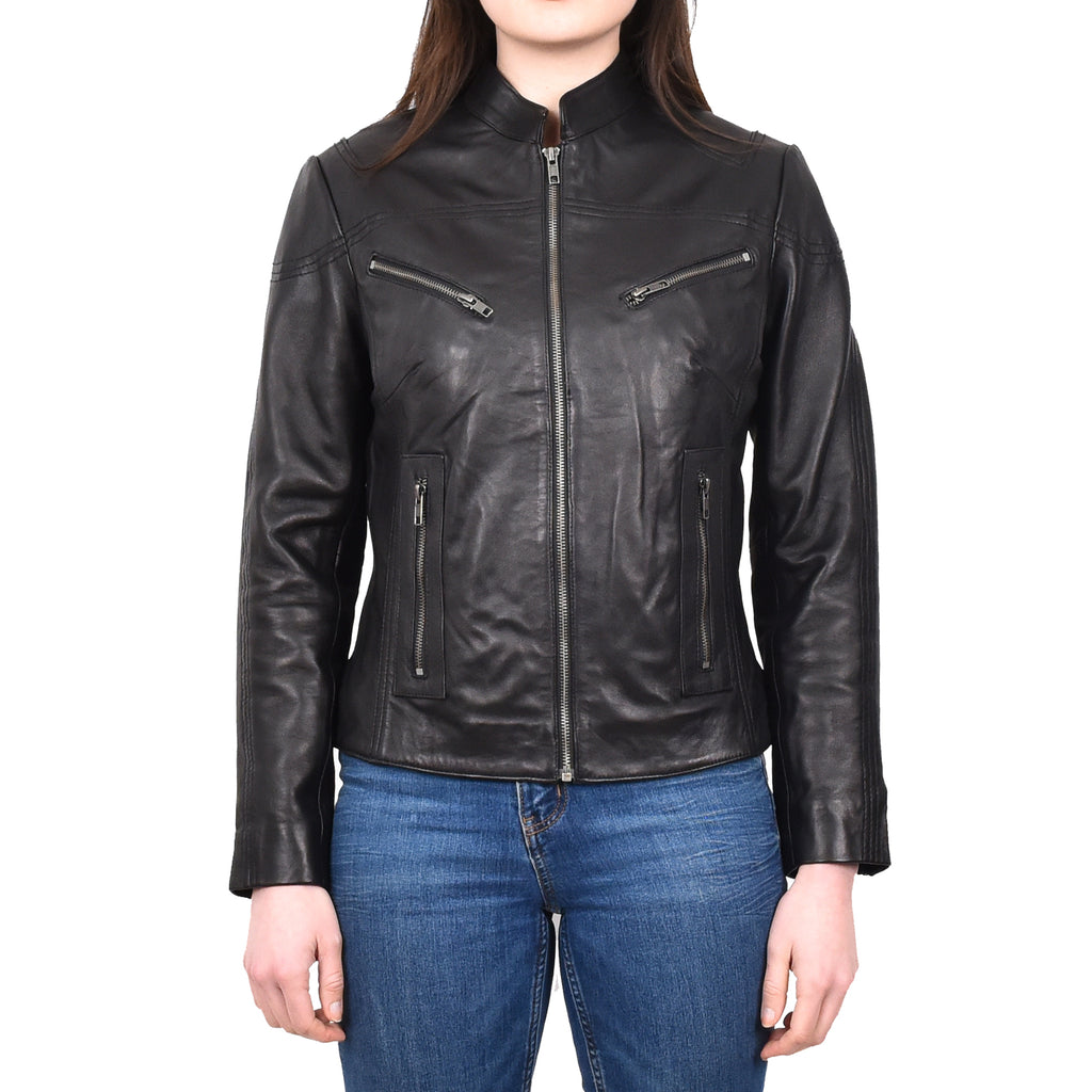 DR200 Ladies Classic Casual Biker Leather Jacket Black 1