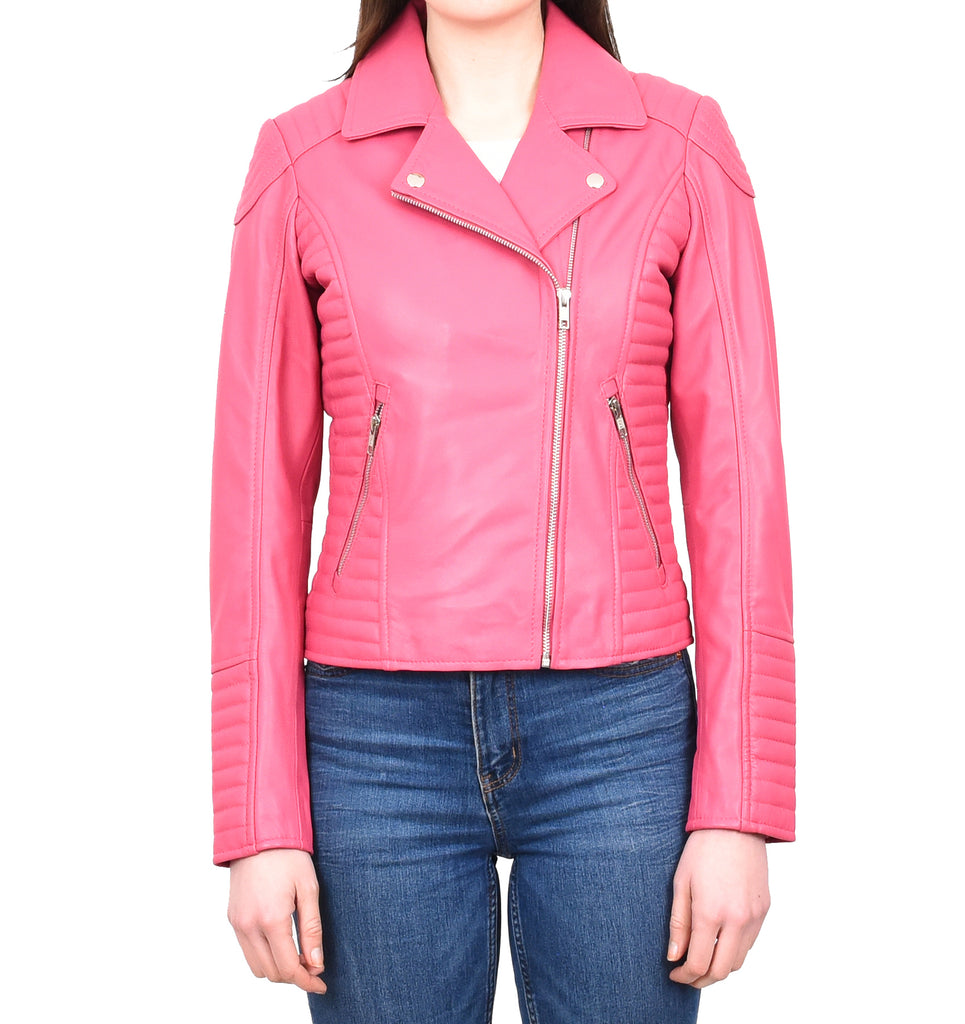 DR206 Women's Soft Leather Cross Zip Biker Jacket Pink 1