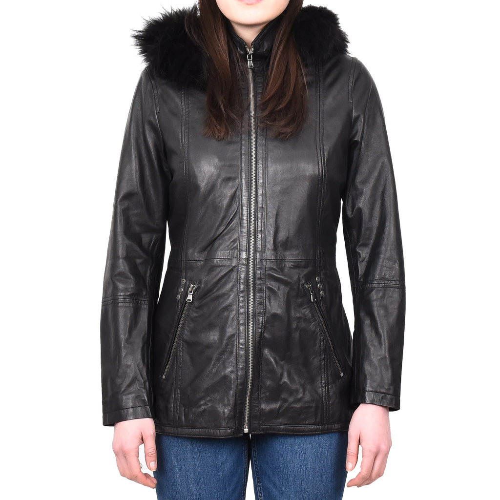 DR260 Women’s Black Leather Duffle Parka Jacket with Removable Hood 1