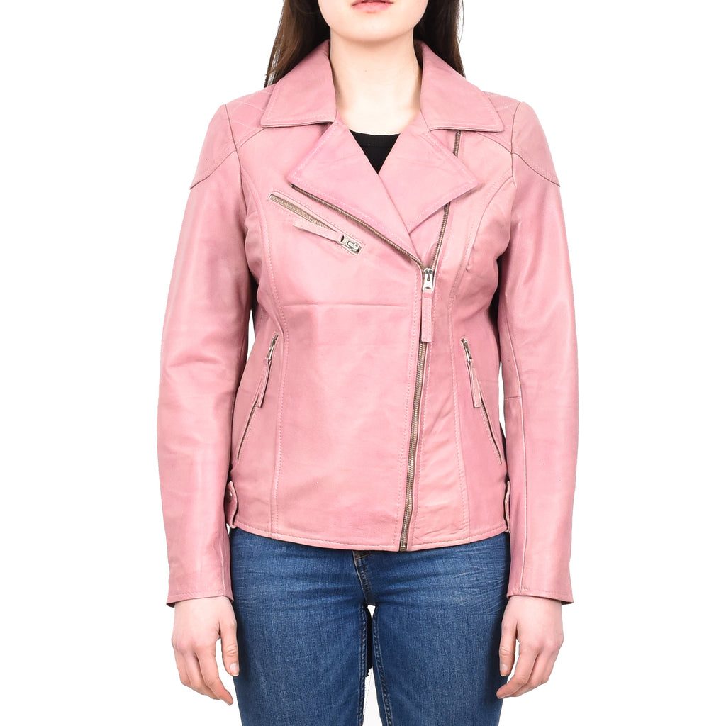 DR570 Women's Cross Zip Pocketed Real Leather Biker Jacket Pink 1