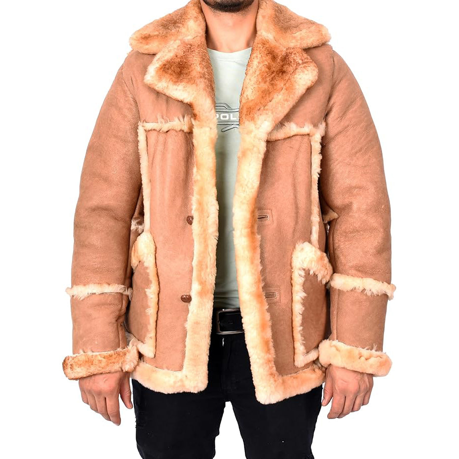 Men’s Luxurious Warm Winter Genuine Shearling Sheepskin Fur Coat Tyrell Tan-1