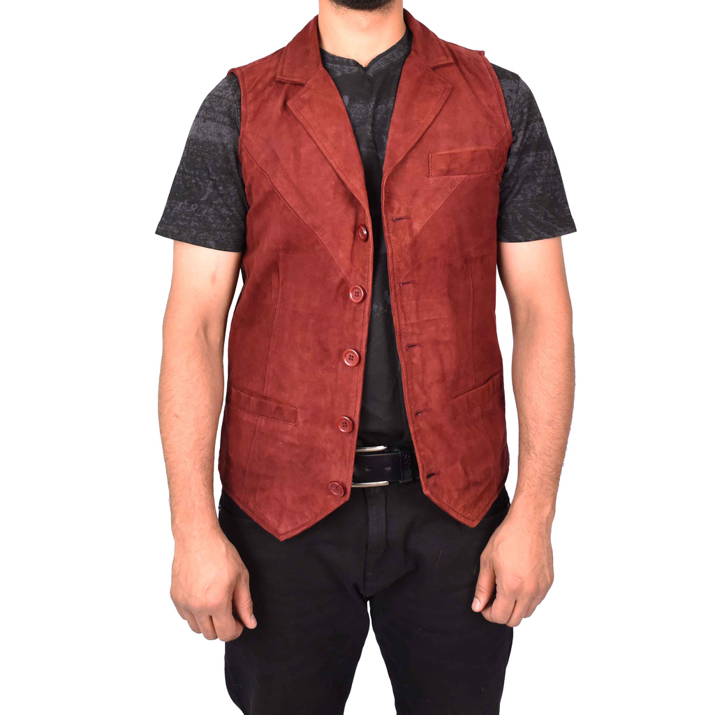 Men's Blazer Style Suede Leather Waistcoat Gents Vests Burgundy Howie-1