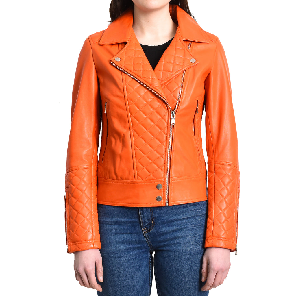 DR238 Women's Leather Biker Jacket with Quilt Detail Orange 1