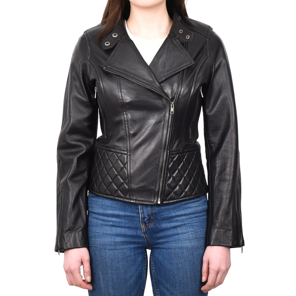 DR233 Women's Biker Leather Jacket Quilted Design Black 1