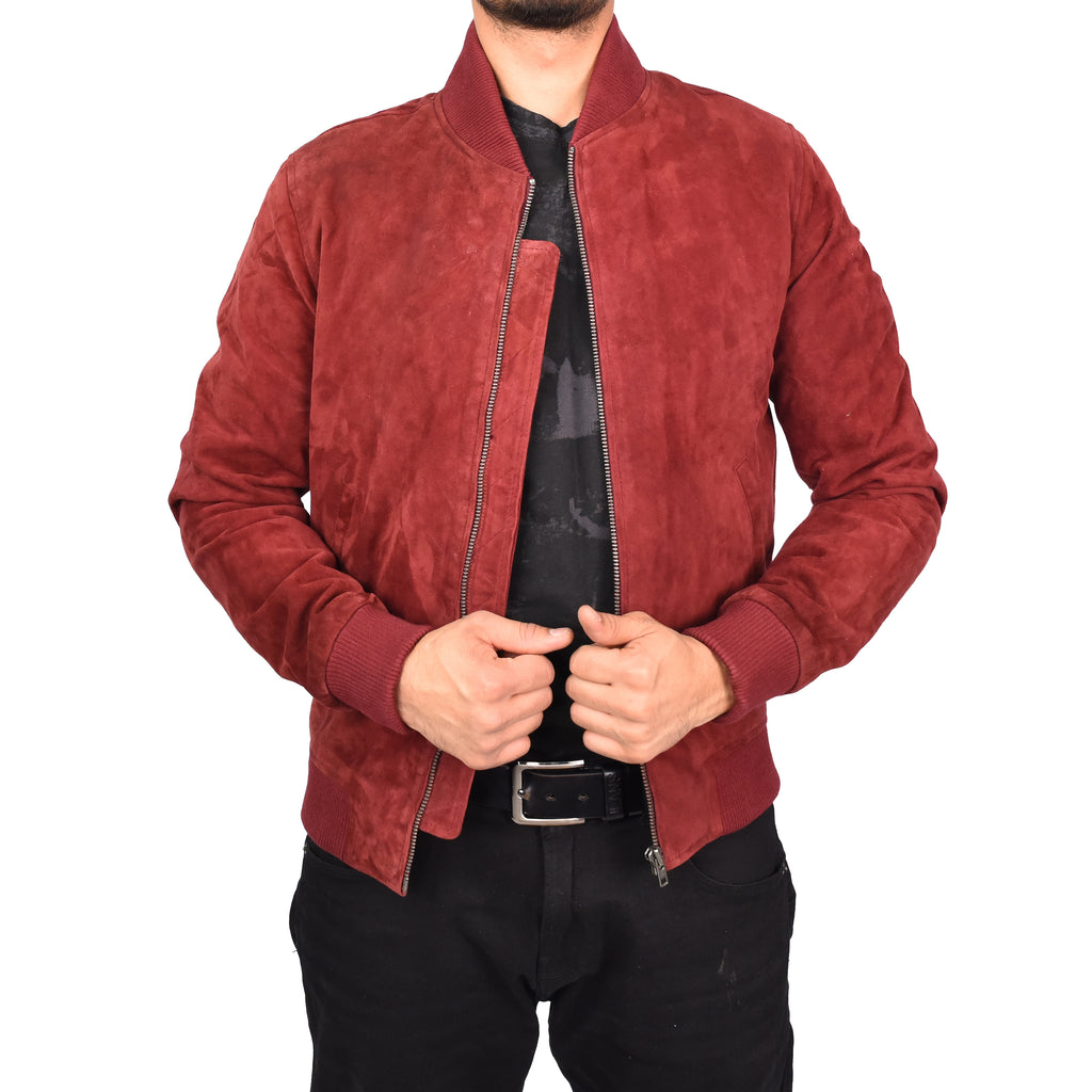 Men's Genuine Suede Leather Bomber Varsity Style Jacket Burgundy Raul-1