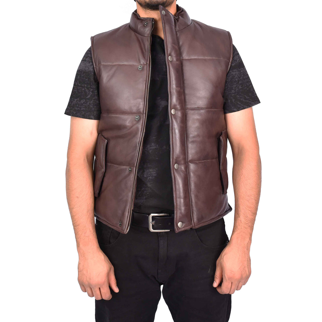 Men's Real Leather Puffer Waistcoat Body Warmer Brown Haakon-1