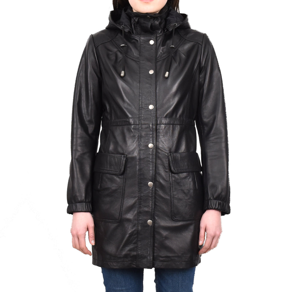 DR218 Women's Smart Long Leather Coat Hood Black 1