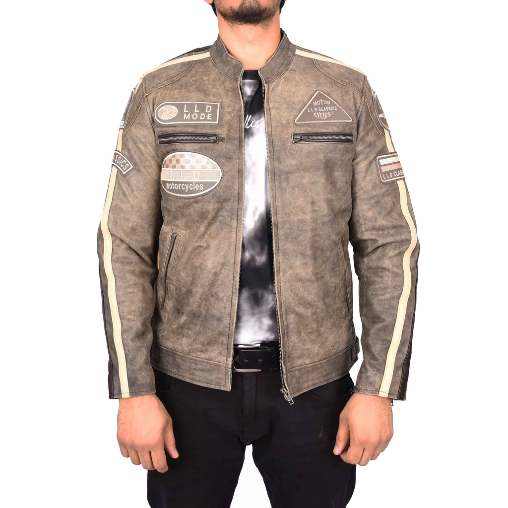 Men's Cafe Racer Leather Jacket Biker Coat with Badges Brown Kennet 
