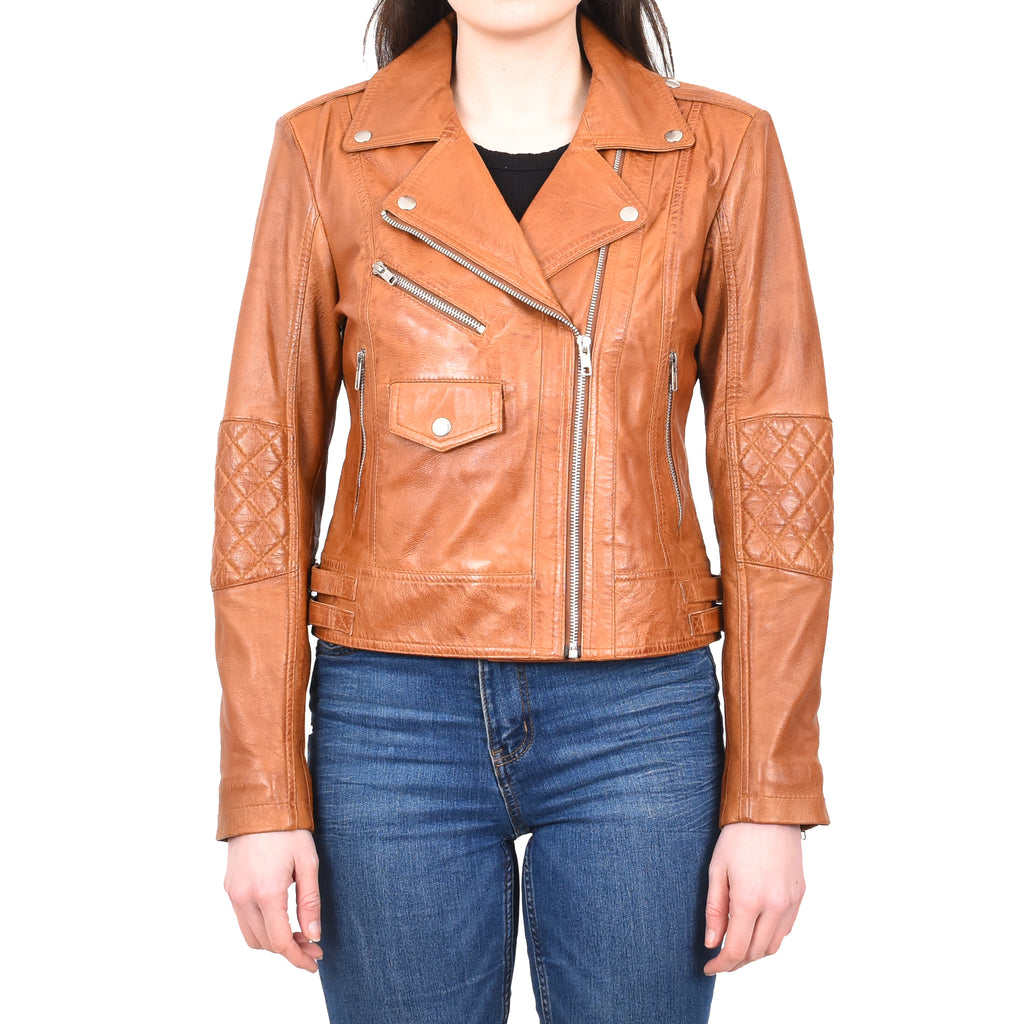 DR207 Women's Real Leather Biker Cross Zip Jacket Tan 1