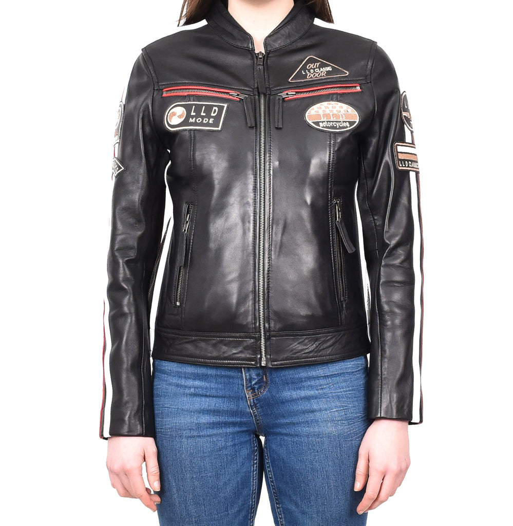 DR674 Women's Soft Real Leather Racing Biker Jacket Black 1