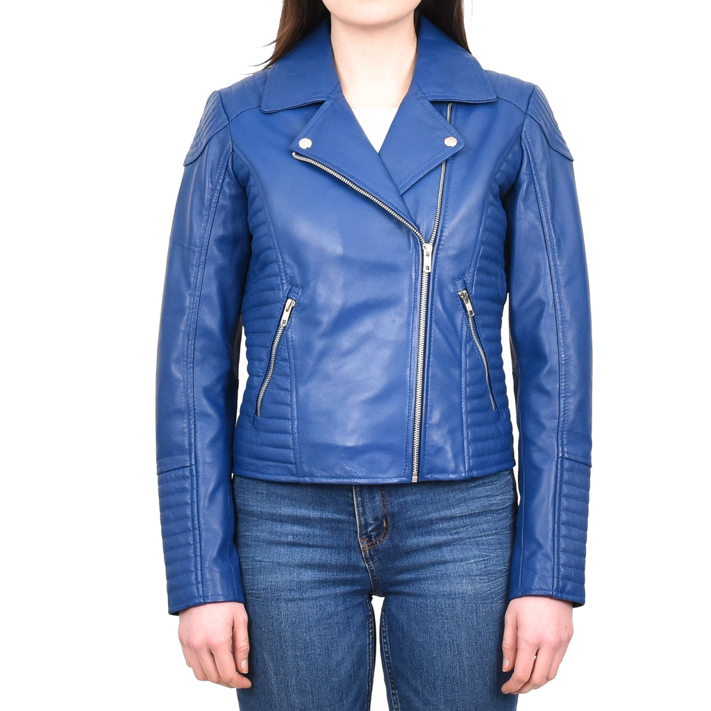 DR206 Women's Soft Leather Cross Zip Biker Jacket Blue 1