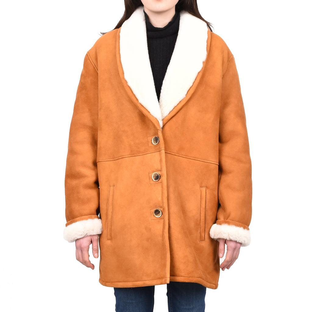 DR595 Women's Soft Sheepskin Mid Length Coat With Fur Collar Cognac 1