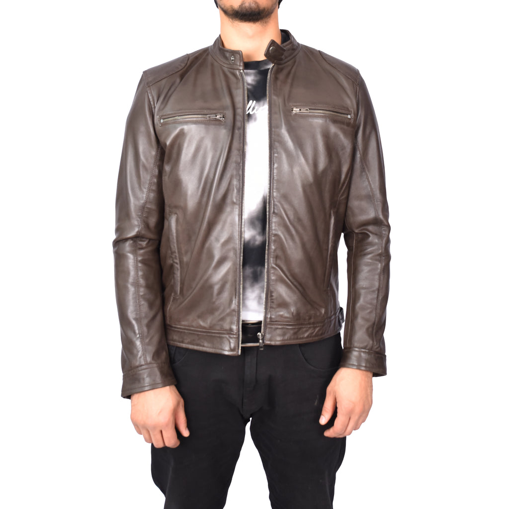 Men's Vintage Style Biker Real Leather Jacket Brown Dagen-1