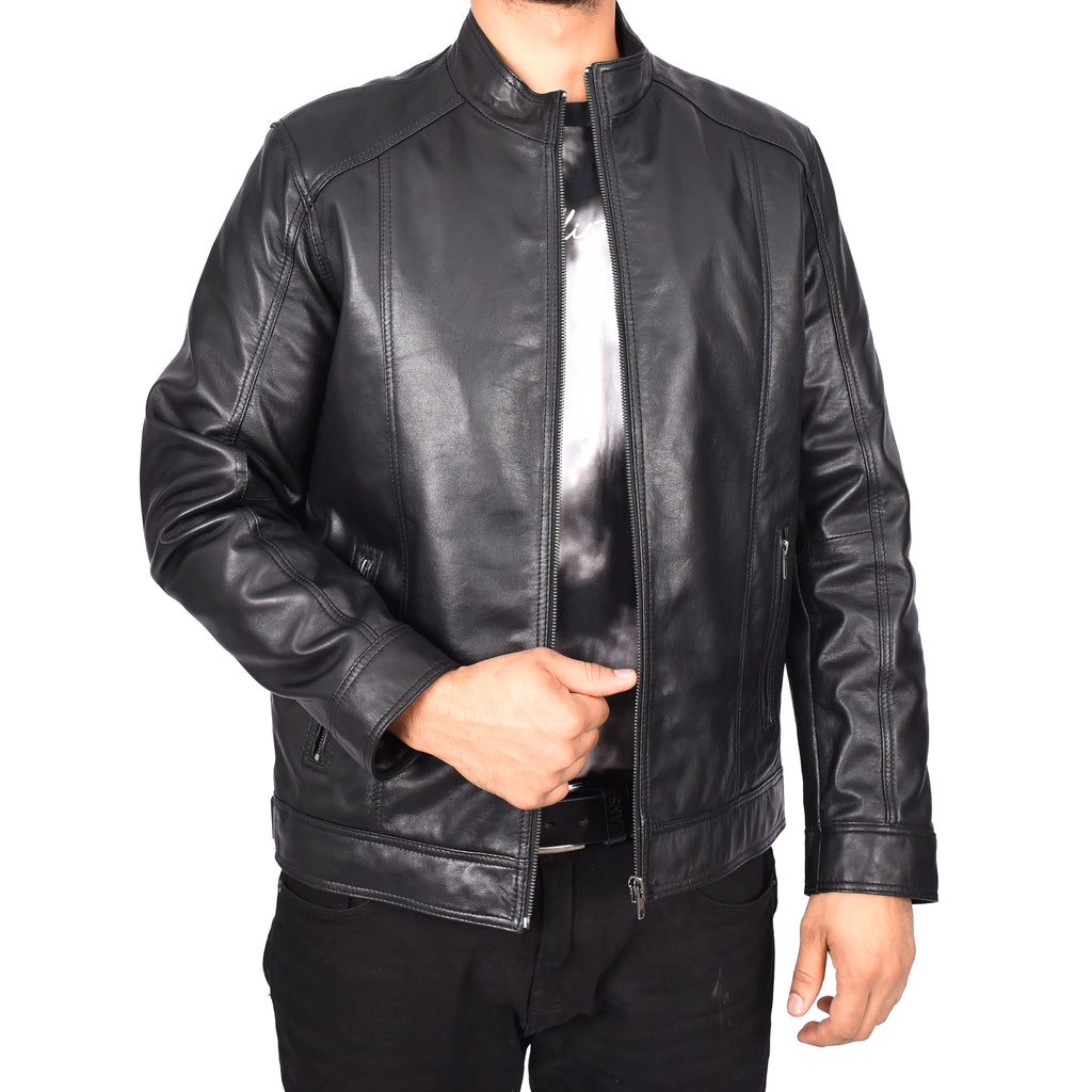 Men's Casual Biker Real Leather Jacket Black Verner 1