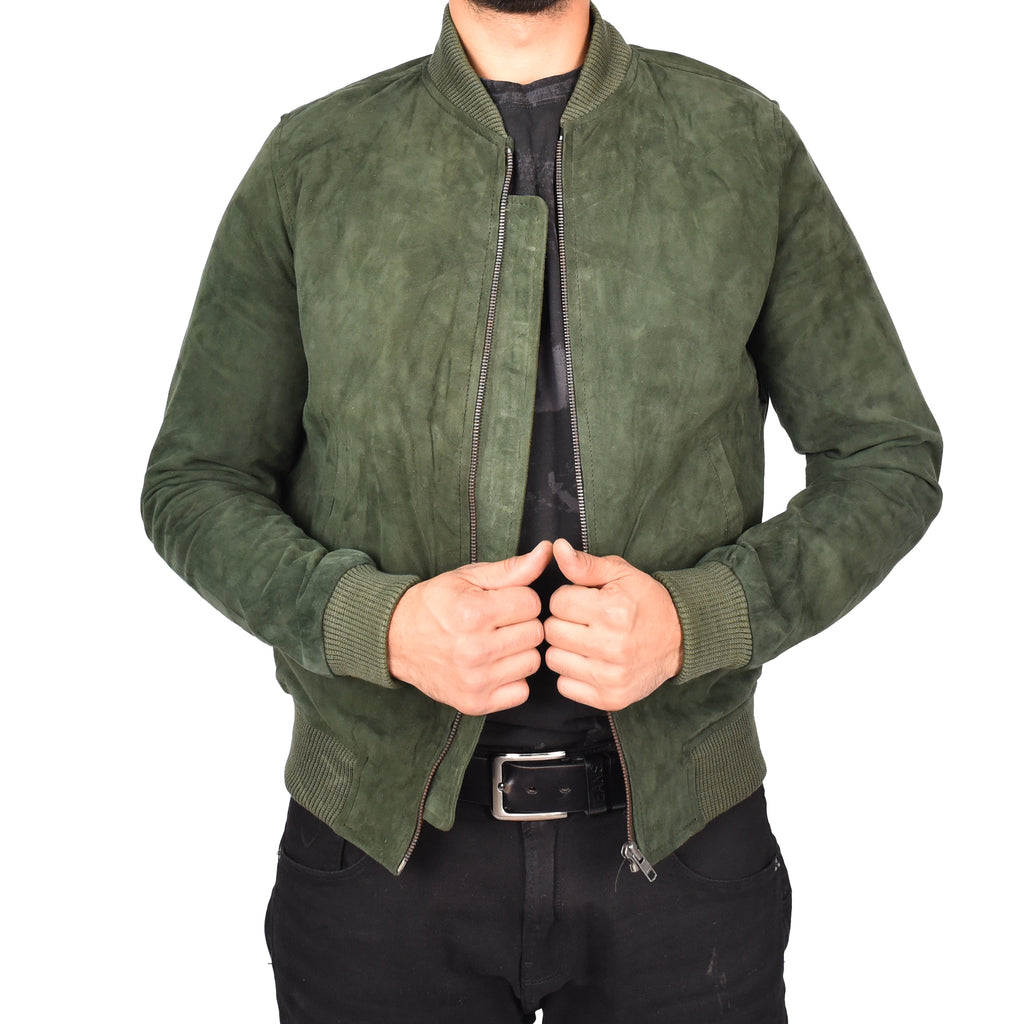 Men's Genuine Suede Leather Bomber Varsity Style Jacket Green Raul-1