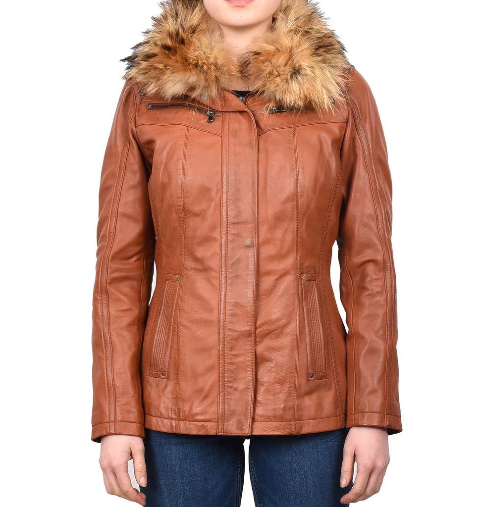 DR258 Women's Leather Jacket with Detachable Collar Cognac 1