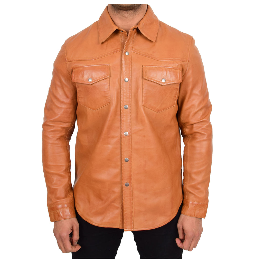 DR548 Men's Classic Leather Trucker Style Shirt Tan 1