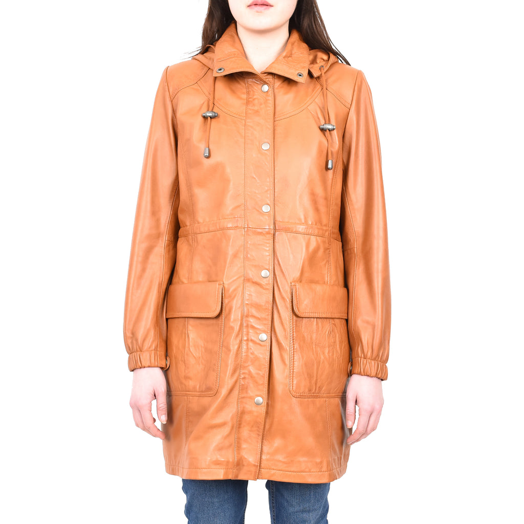 DR218 Women's Smart Long Leather Coat Hood Tan 1