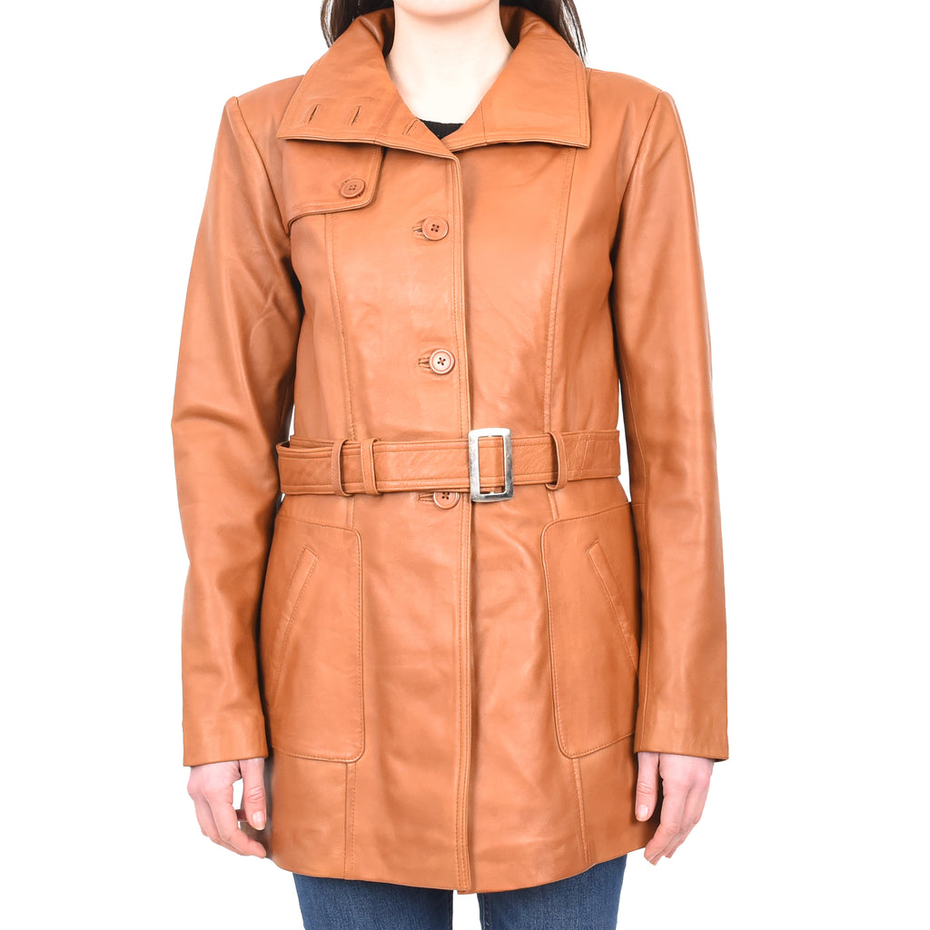 DR219 Women's Smart Winter Leather Coat Tan 1