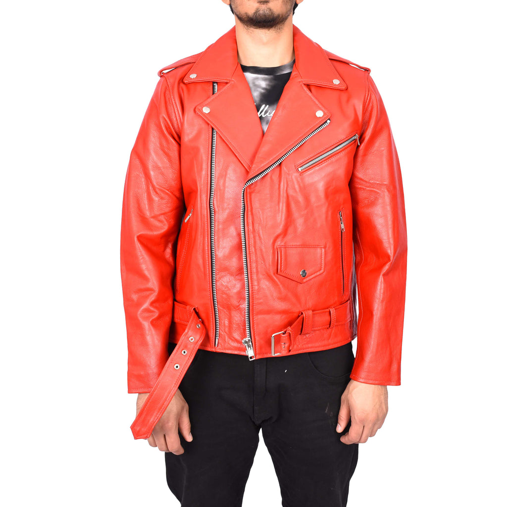 Men's Hard Wearing Real Cowhide Leather Biker Jacket Red Gunther-1