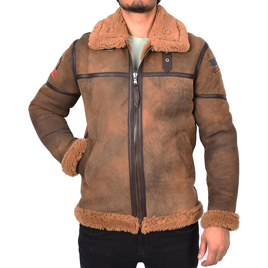 Men’s Distressed Finish Sheepskin B3 Bomber Jacket with Badges Aviator Axel Brown-1