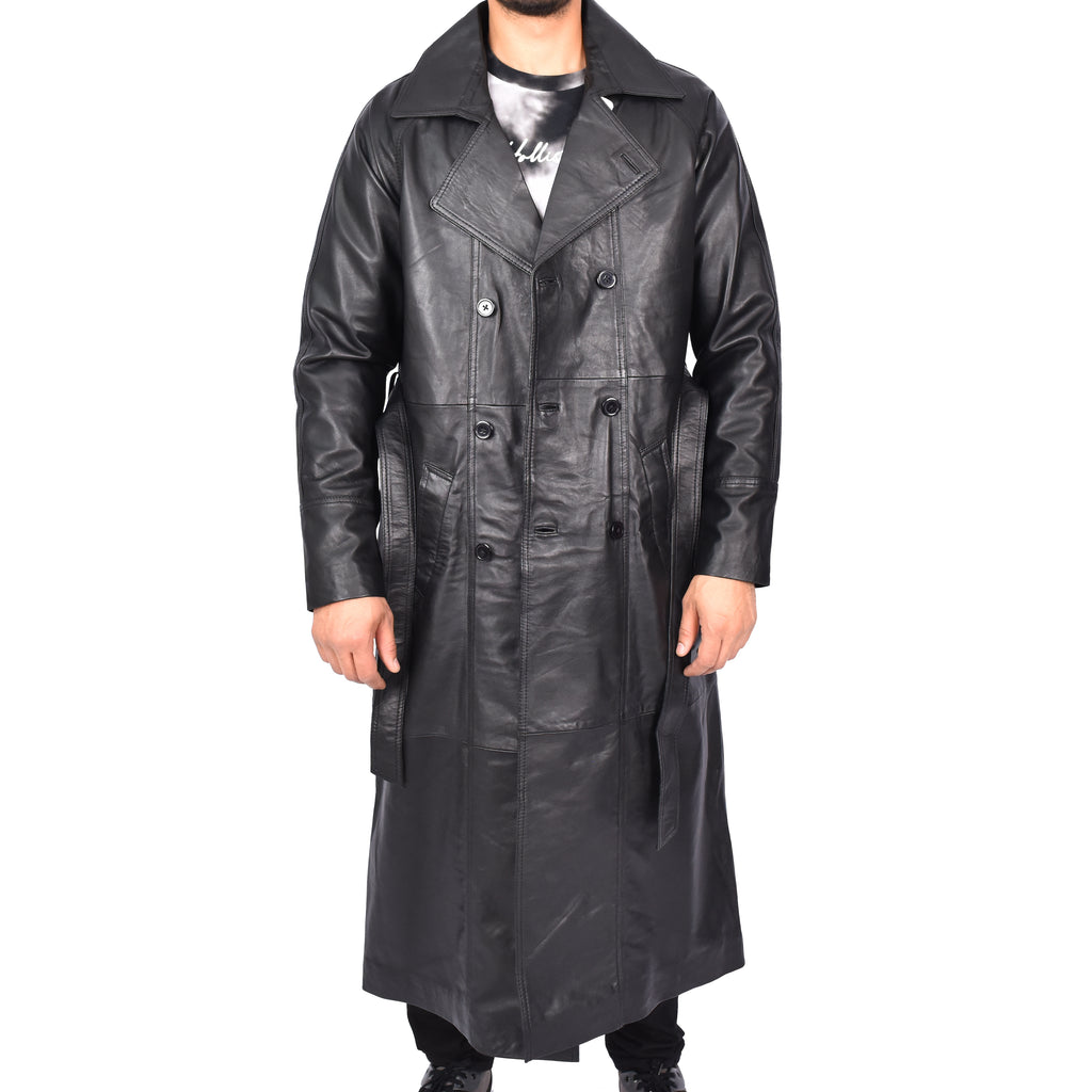 Men's Trench Double Breasted Full Length Leather Coat Black Oskar-1