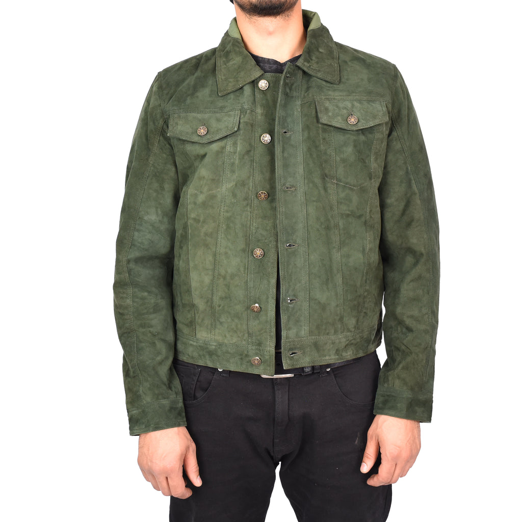 Men's Genuine Suede Buttoned Leather Jacket Trucker Style Green Rorik-1