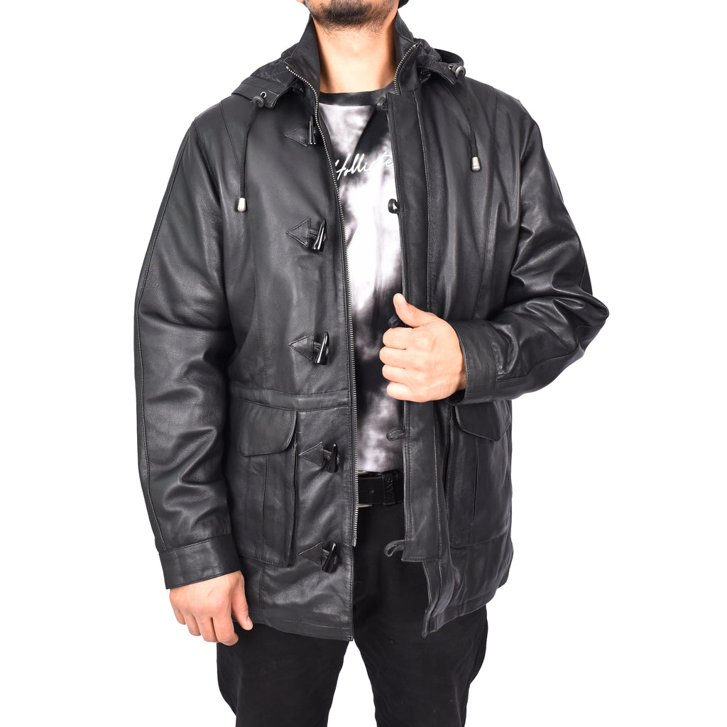 Men's Real Leather Detachable Hood Parka Coat Gents Jacket Black Borge-1