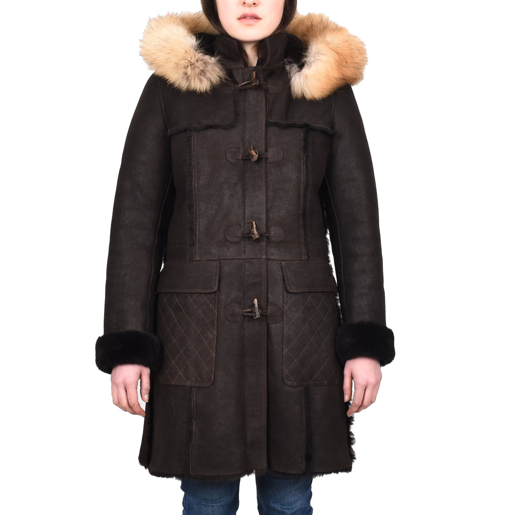 DR249 Women's Sheepskin Italian Classic Look Leather Coat Brown 1