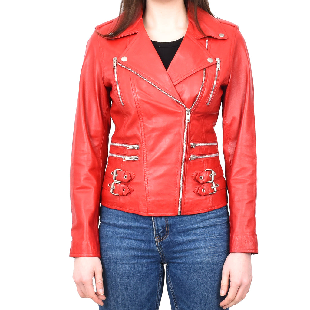 DR195 Women’s Trendy Biker Leather Jacket Red 1