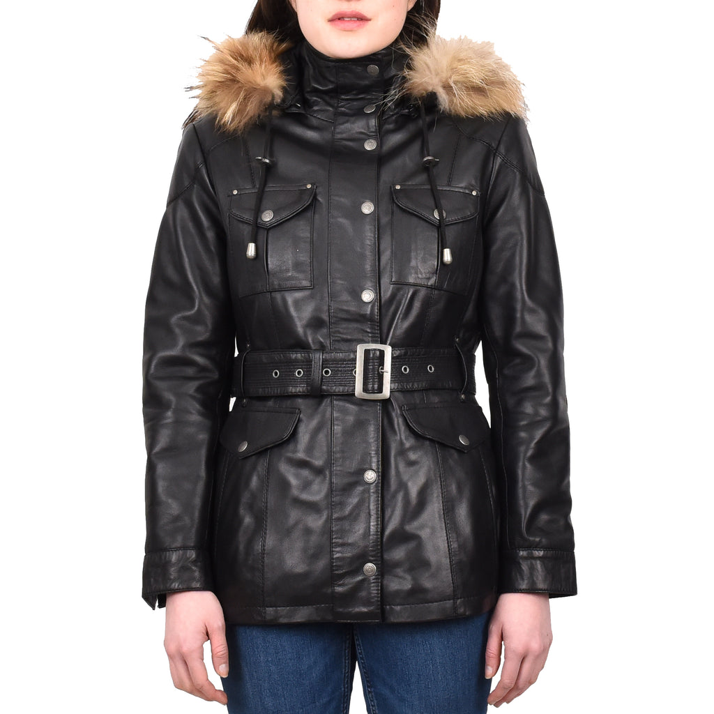 DR225 Women's Winter Warm Leather Hood Jacket Black 1