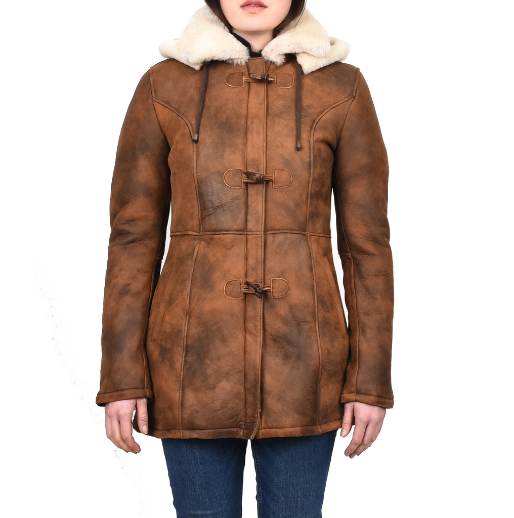 DR229 Women's Sheepskin Duffle Coat Mid Length Tan 1