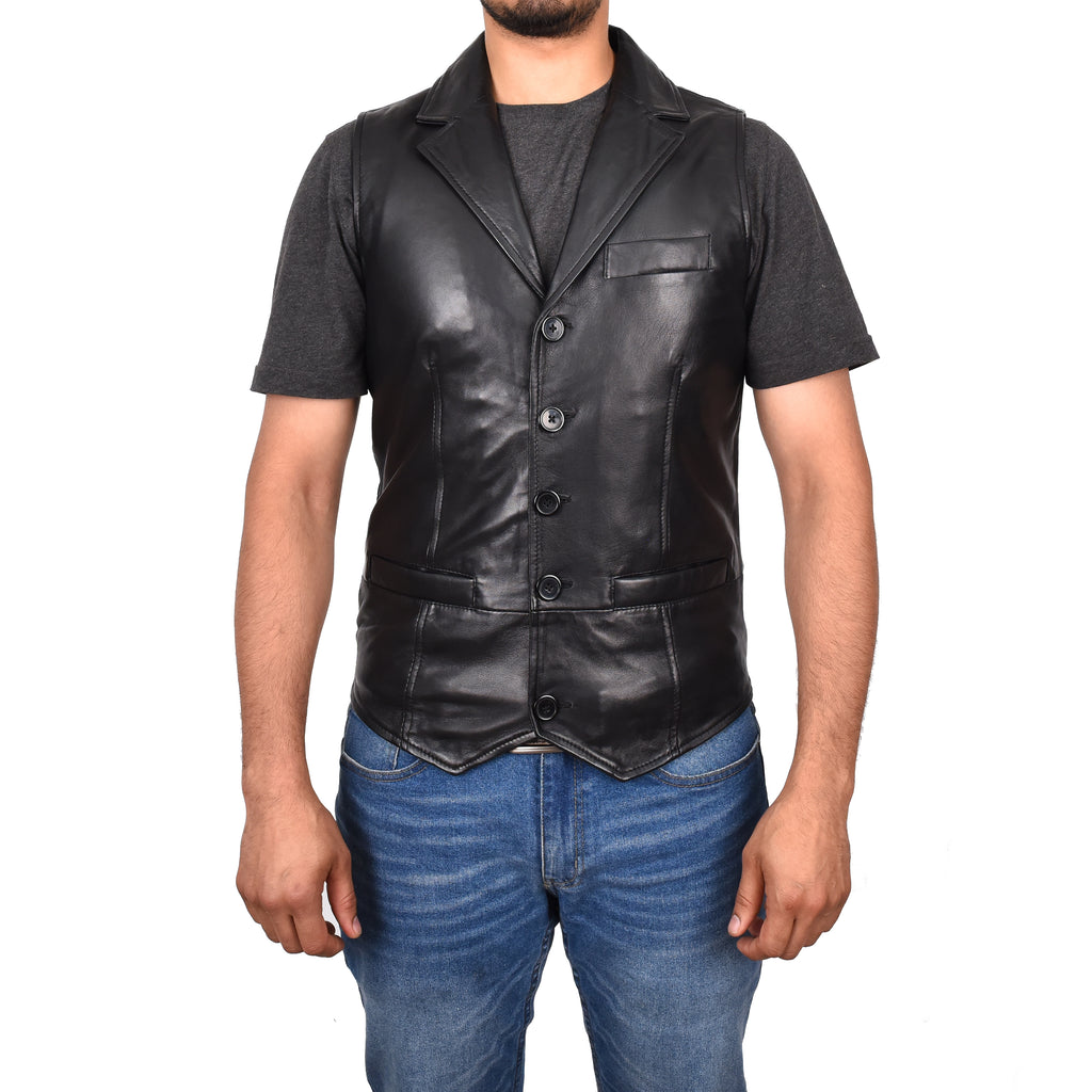 DR126 Men's Blazer Style Sheep Leather Waistcoat Black 1