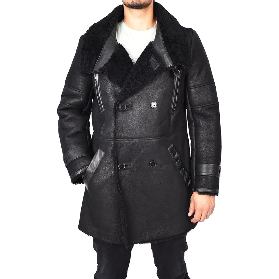 Mens WW1 WW2 ¾ Length Real Shearling Sheepskin Coat Winter Warm Franz Black-1