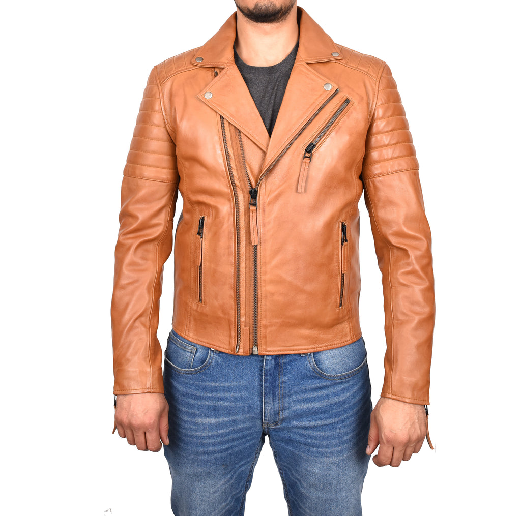 DR145 Men's Quilted Biker Leather Jacket Tan 1