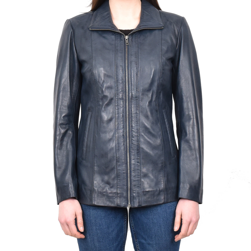 DR202 Women's Casual Semi Fitted Leather Jacket Blue 1