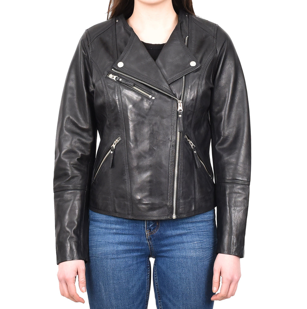 DR572 Women's Casual Cross Zip Leather Jacket Black 1